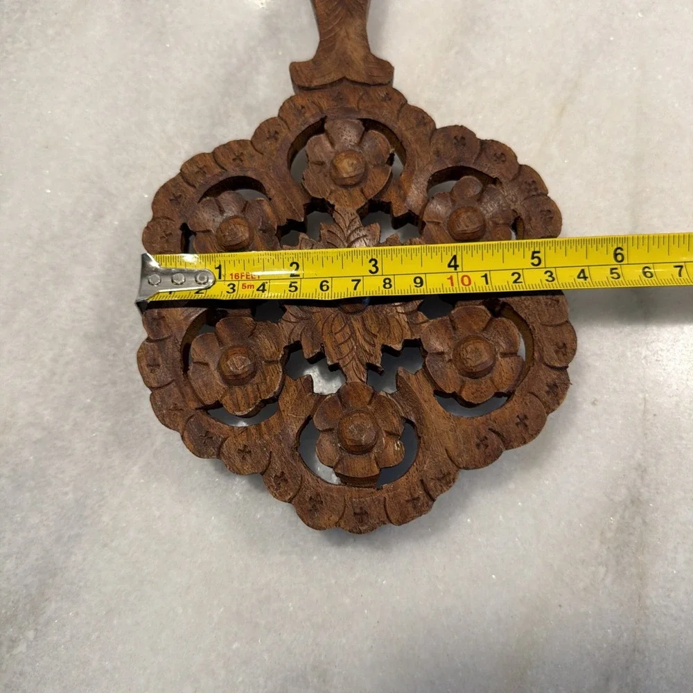 Vintage Hand Carved Wooden Trivet with Handle Made in India 001